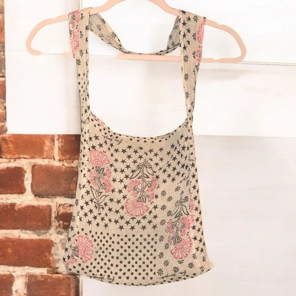 Free People Floral Colorblock Print Gauze Satchel Linen Reusable Bag‎
